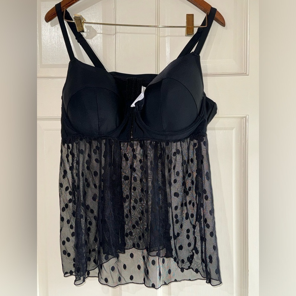 Cacique Swim Black Tankini Top Sheer Polka Dot Size 42D